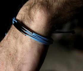 for him - adjustable bracelet metal and blue waxed cotton - men and unisex bracelet