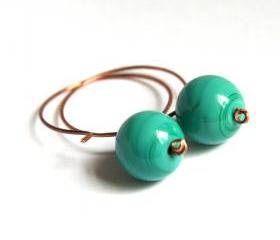 emerald glass and copper earrings - modern elegant