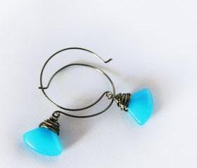 neon blue and black earrings - wire wrapped in gunmetal - ethnic and geometrical