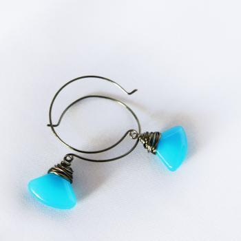 neon blue and black earrings - wire wrapped in gunmetal - ethnic and geometrical